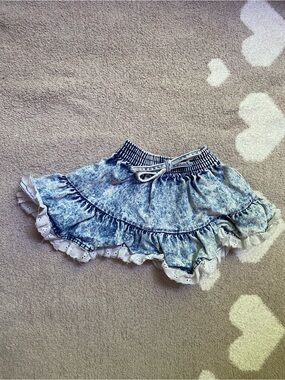 Vintage 2T Distressed Acid wash ruffle lace denim 100% cotton skirt
